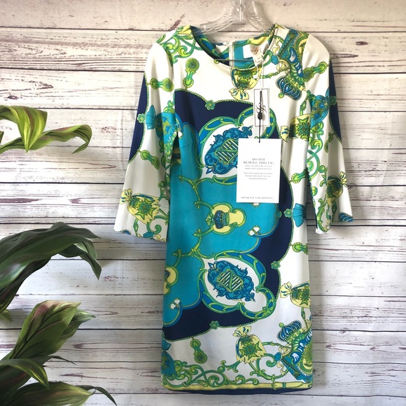 Julie Brown Equestrian Print Aqua teal print shift - Picture 2 of 7